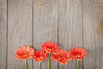 Fototapeta na wymiar Wooden background with orange gerbera flowers