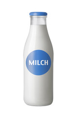 Milch Flasche mit Etikett isoliert auf weißem Hintergrund
