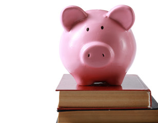 Piggy bank and book isolated white
