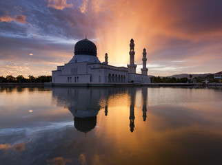 Kota Kinabalu city mosque at sunrise in Sabah, Malaysia