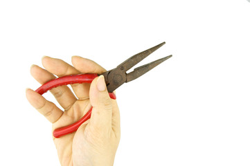 Man holding old red pliers for repair isolated