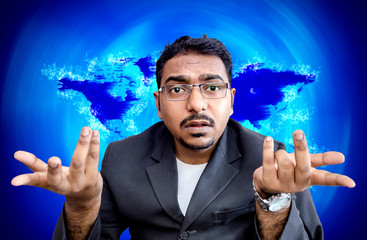 indian asian businessman with what the hell gesture
