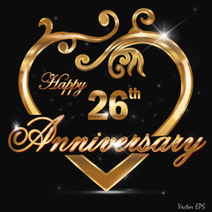 Fototapeta na wymiar 26 year anniversary golden heart design card