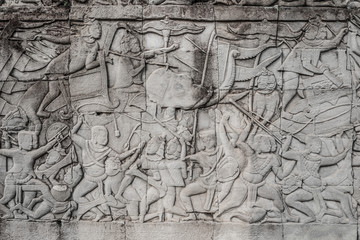 Fototapeta na wymiar war scene carving prasat bayon temple Angkor Thom Cambodia