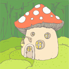 mushroom house vector illustration, hand drawn