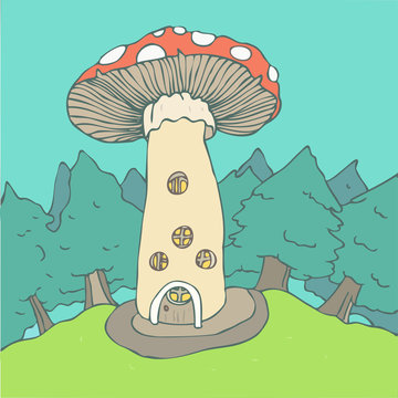 mushroom house vector illustration, hand drawn