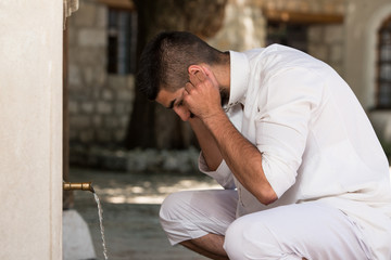 Islamic Religious Rite Ceremony Of Ablution Ears Washing