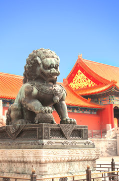 Ancient lion statue in Forbidden City, Beijing, China