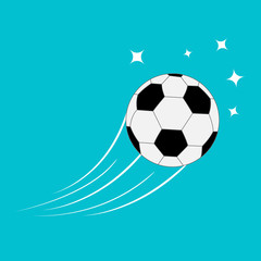 Flying football soccer ball with motion trails stars. Blue Flat 