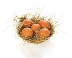 Eggs, hay in a bast basket