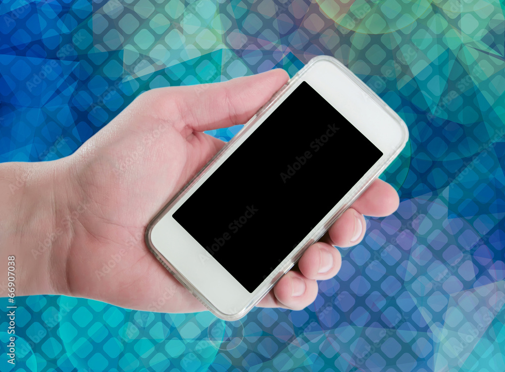 Poster man hand showing smart phone with isolated screen