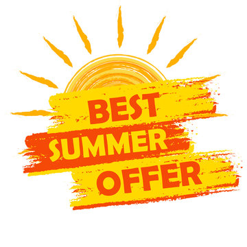 best summer offer with sun sign, yellow and orange drawn label