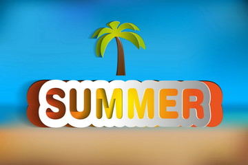 Paper vector summer - on blurred background color with palm