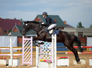 Equestrian sport: an action shot of horse jumping hurdles.