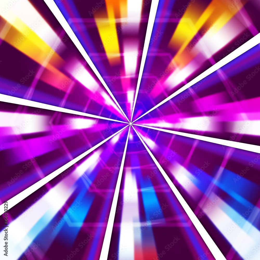 Poster purple rays background means sharp beams and hexagons.