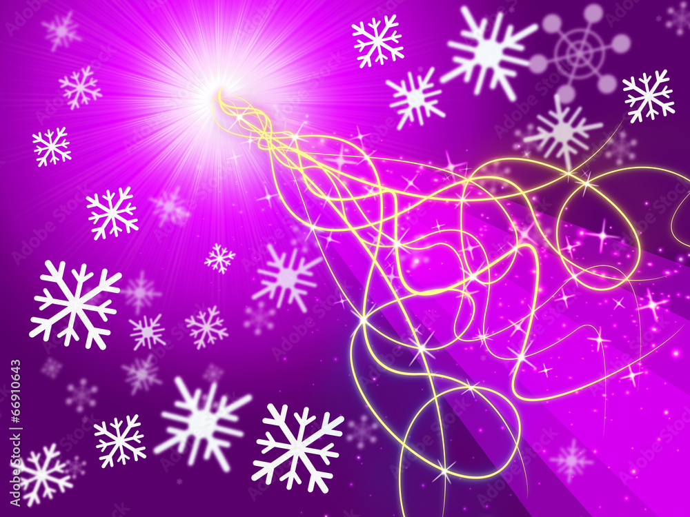 Poster purple squiggles background shows pattern and snowflakes.