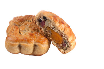 Home made puff pastry red all dressed mooncake on white backgrou