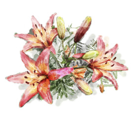 watercolor illustration of bouquet of lilies