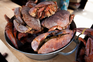 black crabs on kitchen at metal bucket