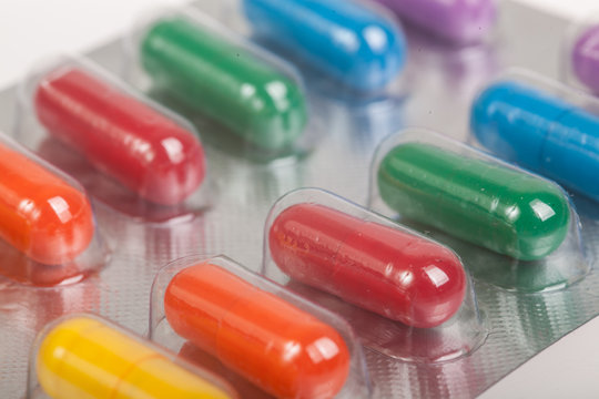 Close Up Of Colorful Pills In Blister Pack