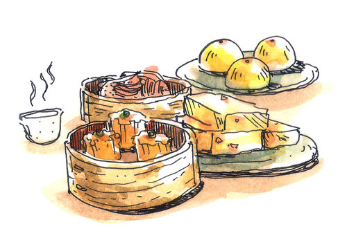 Chinese food, dim sum dimsum watercolor painting illustration