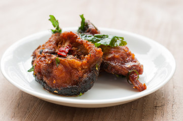 Spicy Stir Fried catfish on dish