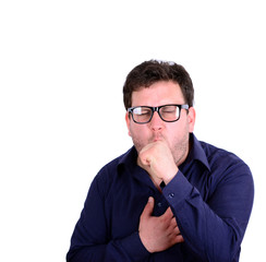  Portrait of young man coughing isolated on white