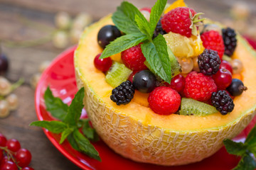 Fresh fruit salad in the melon
