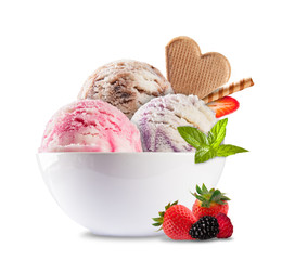 Ice cream in porcelain bowl on white background