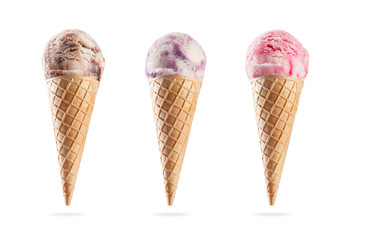 Ice creams in cones, isolated on white background