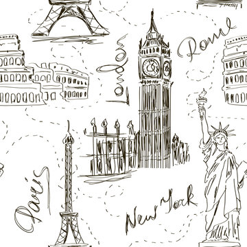 Seamless pattern of architectural landmarks