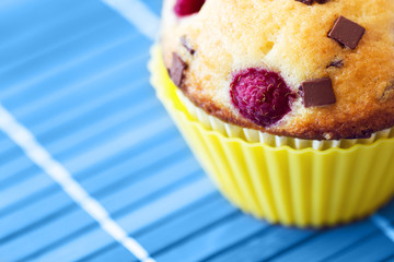Tasty muffin with raspberry and chocolate