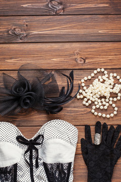 retro dress and accessories on wooden background