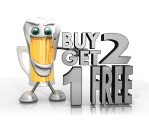 beer character presents buy two get one free symbol