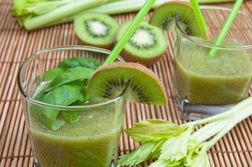 Green smoothie with kiwi, cucumber, celery