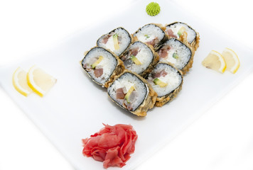 Japanese sushi fish and seafood on white background