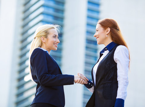 Businesswomen shaking hands, background corporate office