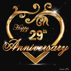 Fototapeta na wymiar 29 year anniversary golden heart card