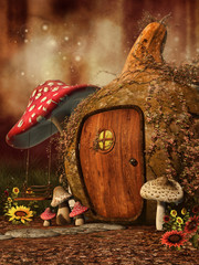Jesienny baśniowy domek z grzybami i słonecznikami © Obsidian Fantasy