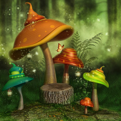 Kolorowe baśniowe grzyby z lampionami i motylami © Obsidian Fantasy