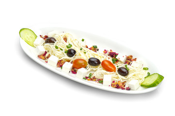 feta cheese cut in cubes, vegetables, herbs and olives