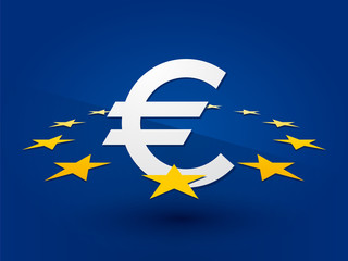 Euro symbol surrounded by the stars on a blue background