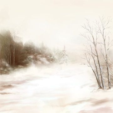 Winter river birds watercolor landscape in mist