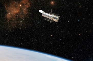 The Hubble Space Telescope observes deep space.