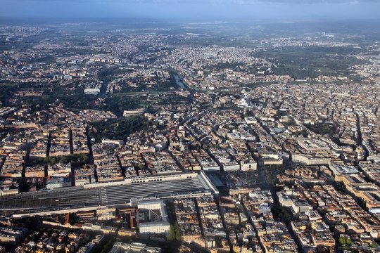 Rome aerial view with Termini Station, Vittoriano and Colosseum