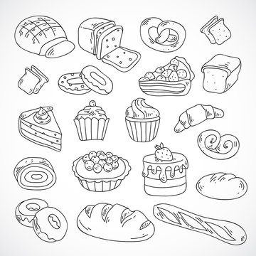 Vector hand drawn bakery cakes, croissant, cupcakes, donut