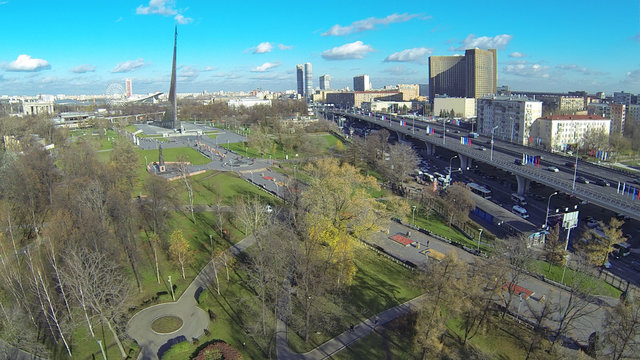 Moscow cityscape at sunny day. View from unmanned quadrocopter
