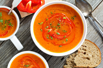 Roasted red pepper soup in white bowl © fahrwasser