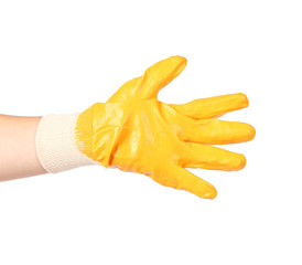 Naklejka na ściany i meble Hand in rubber glove showing five.