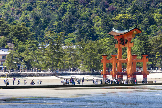 Famous big Shinto torii standing in the ocean, Japan